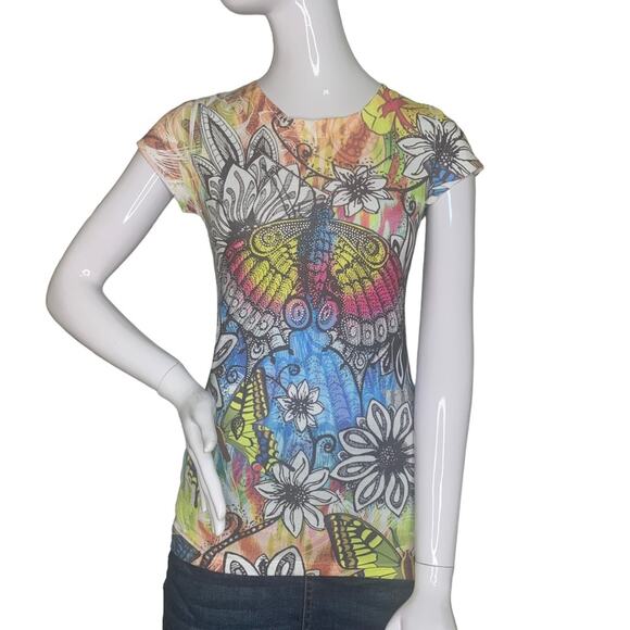Sara Mode Multicolor Butterfly Print Top Size M Short Sleeve Crew Neck Pullover - Picture 1 of 8